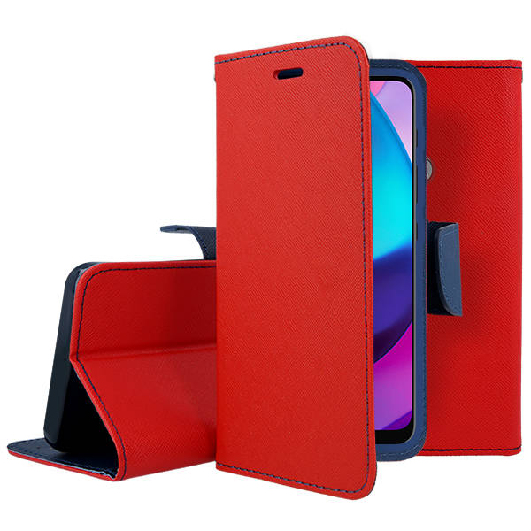 9D SKLO + PUZDRO 2v1 pre Motorola Moto E32 / E32s - Knižkové FANCY červeno modré