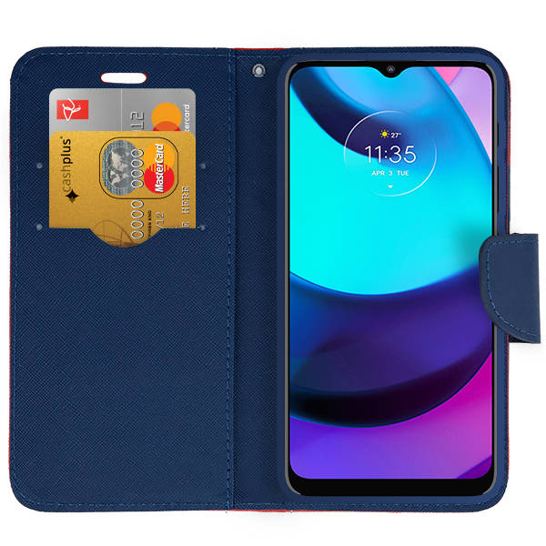 9D SKLO + PUZDRO 2v1 pre Motorola Moto E32 / E32s - Knižkové FANCY červeno modré