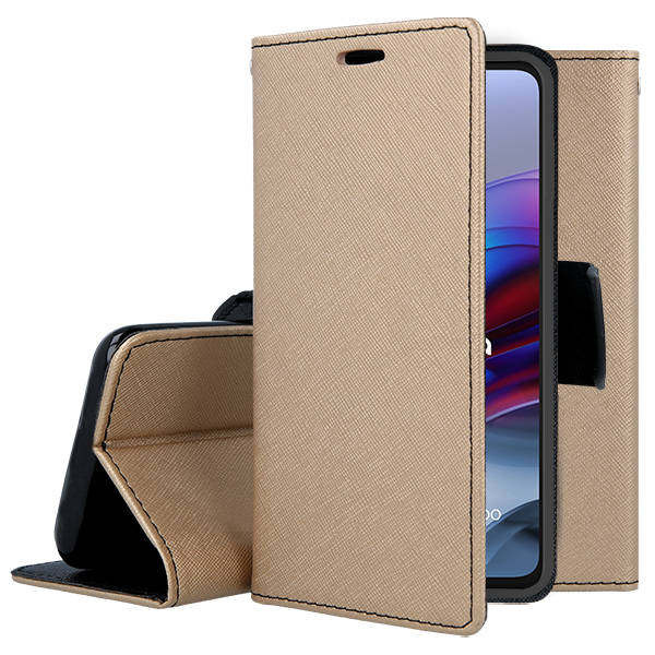 9D SKLO + PUZDRO pre Motorola Moto G23 / G13 - Knižkové FANCY zlato čierne