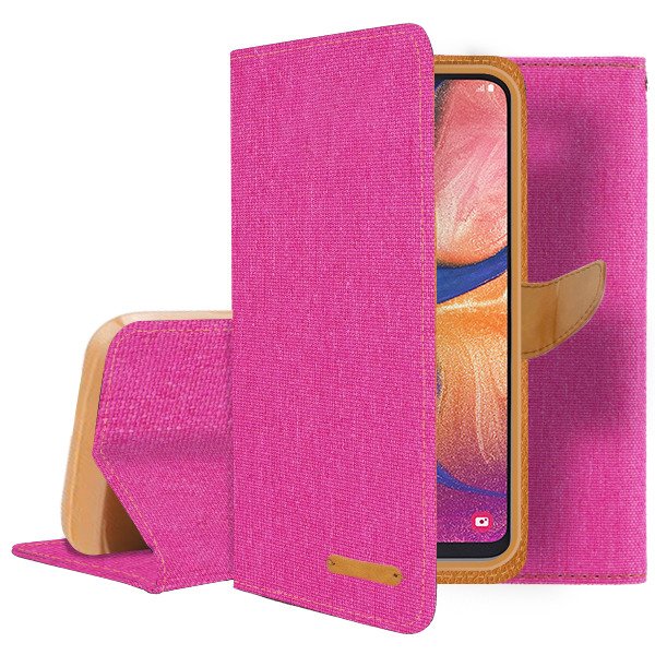 9D SKLO + PUZDRO 2v1 pre SAMSUNG GALAXY A20e - Knižkové CANVAS ružovo hnedé