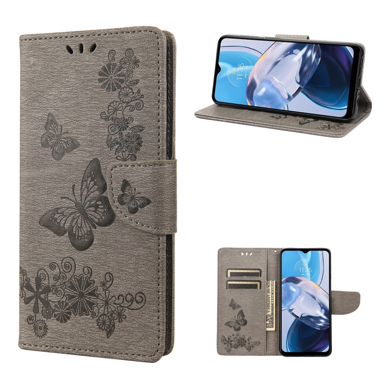 SKLO + PUZDRO 2v1 pre Motorola Moto E22 / E22i - Knižkové BUTTERFLY sivé