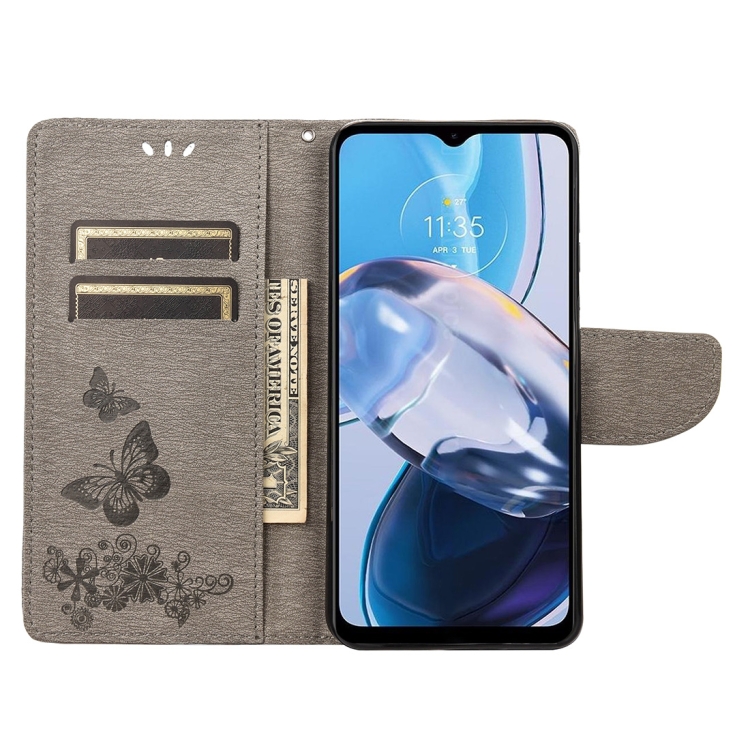 SKLO + PUZDRO 2v1 pre Motorola Moto E22 / E22i - Knižkové BUTTERFLY sivé