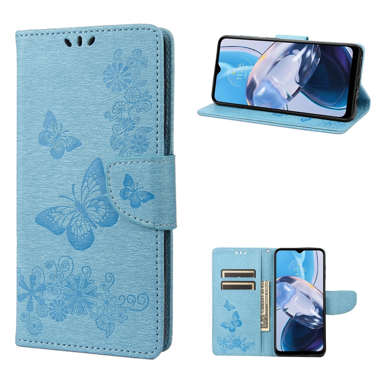 SKLO + PUZDRO 2v1 pre Motorola Moto E22 / E22i - Knižkové BUTTERFLY modré
