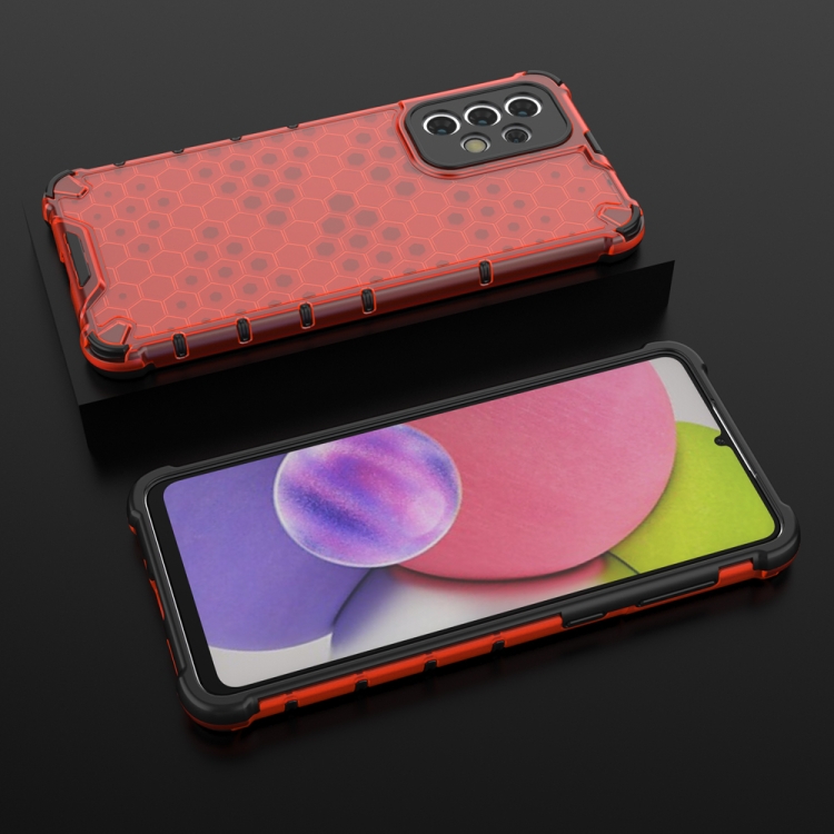 SKLO + PUZDRO 2v1 pre Samsung Galaxy A33 5G - Tvrdené HONEYCOMB červené