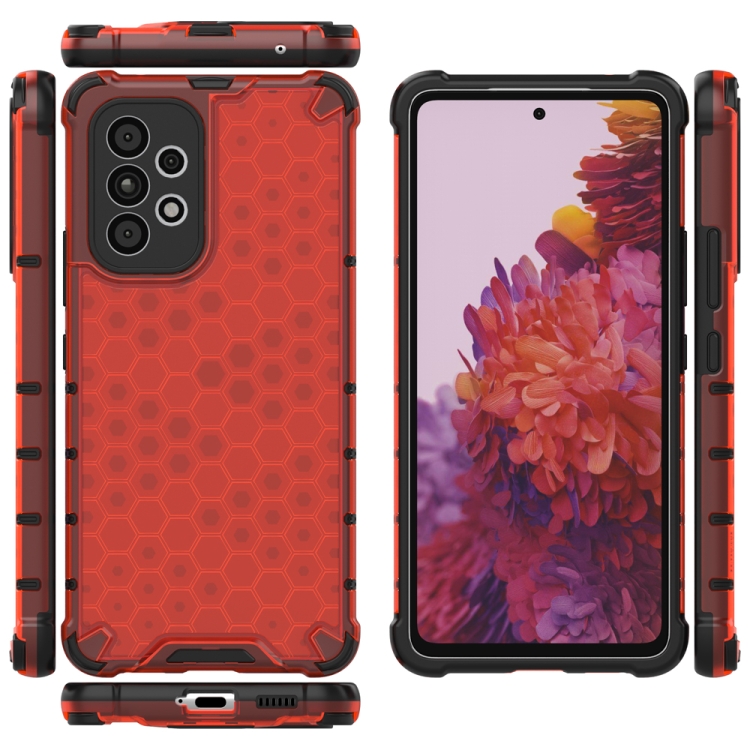 SKLO + PUZDRO 2v1 pre Samsung Galaxy A53 5G - Tvrdené HONEYCOMB červené