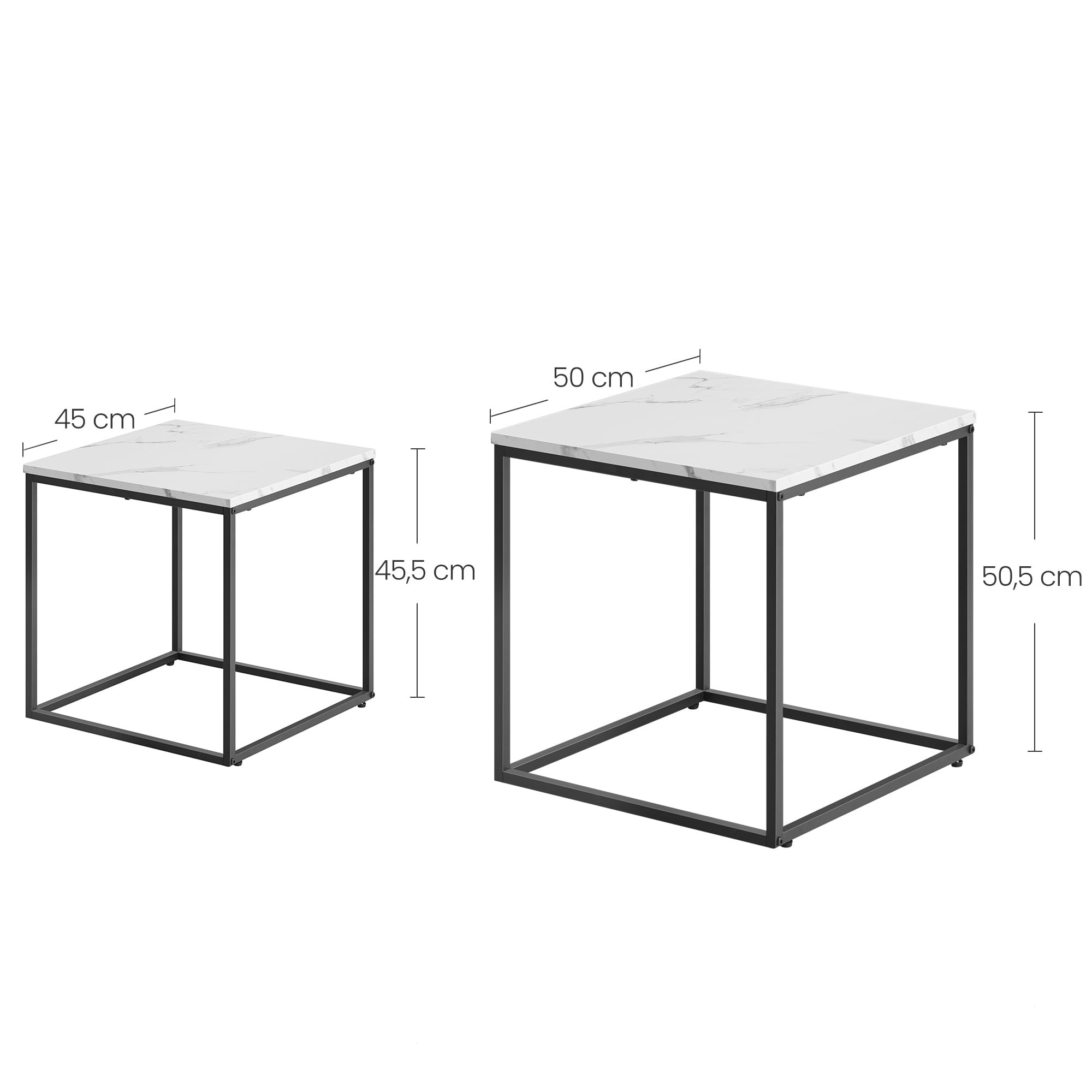 Štvorcový konferenčný stolík, 2 kusy - mramor / čierne nohy