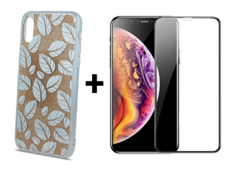 9D SKLO + KRYT 2v1 pre Apple iPhone X , XS -  GLITTER LEAVES zlatý