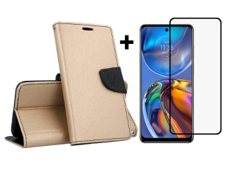 9D SKLO + PUZDRO 2v1 pre Motorola Moto E32 / E32s - Knižkové FANCY zlato čierne