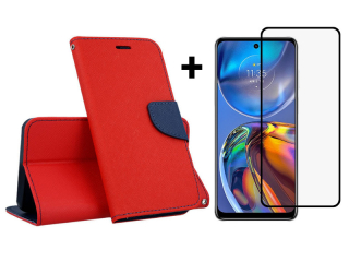 9D SKLO + PUZDRO 2v1 pre Motorola Moto E32 / E32s - Knižkové FANCY červeno modré