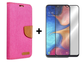 9D SKLO + PUZDRO 2v1 pre SAMSUNG GALAXY A20e - Knižkové CANVAS ružovo hnedé