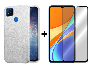 9D SKLO + PÚZDRO 2v1 pre Xiaomi Redmi 9C - Glitter strieborné