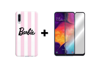 9D SKLO + PÚZDRO 2v1 pre Samsung Galaxy A50 Barbie ružovo biele