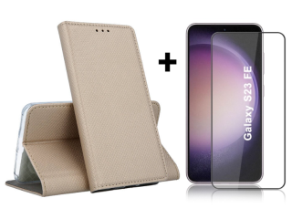 SKLO + PUZDRO 2v1 pre Samsung Galaxy S23 FE - Knižkové SMART MAGNET zlaté