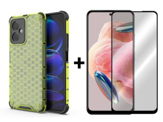 SKLO + PUZDRO 2v1 pre Xiaomi Redmi Note 12 - Tvrdené HONEYCOMB zelené