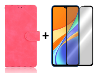 SKLO + PUZDRO 2v1 pre Xiaomi Redmi 9C - Knižkové SOLID ružové