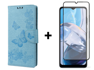 SKLO + PUZDRO 2v1 pre Motorola Moto E22 / E22i - Knižkové BUTTERFLY modré