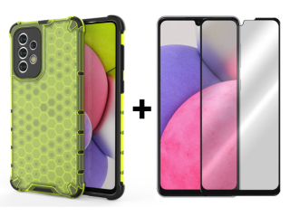 SKLO + PUZDRO 2v1 pre Samsung Galaxy A33 5G - Tvrdené HONEYCOMB zelené
