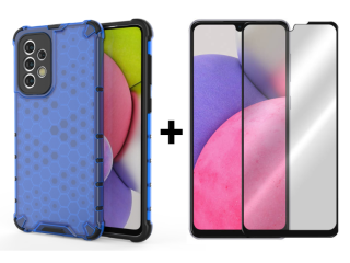 SKLO + PUZDRO 2v1 pre Samsung Galaxy A33 5G - Tvrdené HONEYCOMB modré
