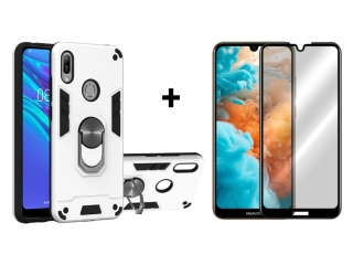 SKLO + PUZDRO 2v1 pre Huawei Y6 2019 - Tvrdené RING ARMOR silver