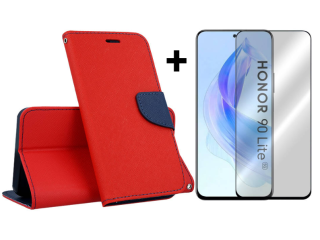 SKLO + PUZDRO 2v1 pre Honor 90 Lite 5G - Knižkové FANCY červeno modré