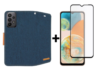 SKLO + PUZDRO 2v1 pre Samsung Galaxy A23 / A23 5G - Knižkové CANVAS modro hnedé