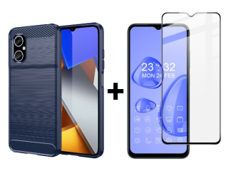 SKLO + PUZDRO 2v1 pre Xiaomi Poco M4 5G - Silikónové CARBON modré