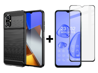 SKLO + PUZDRO 2v1 pre Xiaomi Poco M4 5G - Silikónové CARBON čierne