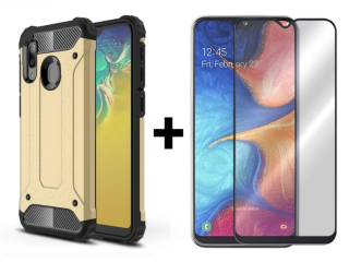 SKLO + KRYT 2v1 pre Samsung Galaxy A20e - Tvrdený Zadný kryt HYBRID zlatý
