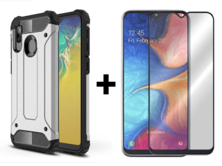 SKLO + KRYT 2v1 pre Samsung Galaxy A20e - Tvrdený Zadný kryt HYBRID sivý