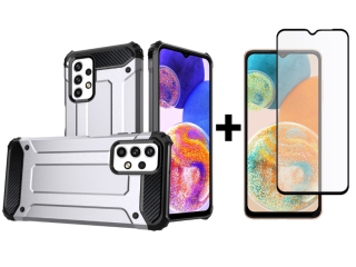 SKLO + KRYT 2v1 pre Samsung Galaxy A23 / A23 5G - Tvrdený Zadný kryt HYBRID sivý