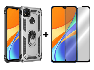 9D SKLO + KRYT 2v1 pre Xiaomi Redmi 9C - Ring Armor sivé