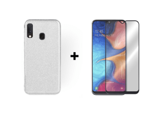 9D SKLO + PÚZDRO 2v1 pre Samsung Galaxy A20e Glitter strieborné