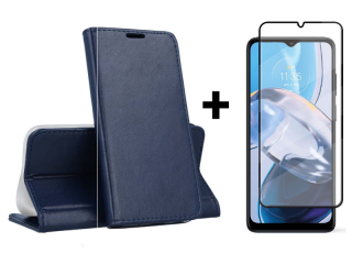 9D SKLO + PUZDRO 2v1 pre Motorola Moto E22 / E22i - Knižkové Smart Magnet modré