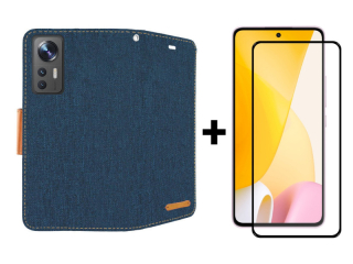 SKLO + PUZDRO 2v1 pre Xiaomi 12 Lite - Knižkové CANVAS modro hnedé